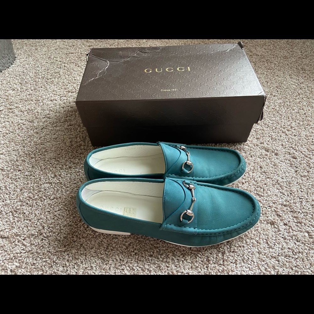 Gucci Green Grass Waxed Silver Horsebit Loafers